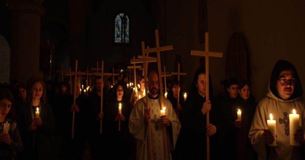 Powolny procesja Ekstremalnej Drogi Krzyżowej prowadzona przez księdza Jacka Stryczkę i Łukasza Romańczuka w tradycyjnym kościele katolickim przy słabym świetle świec.