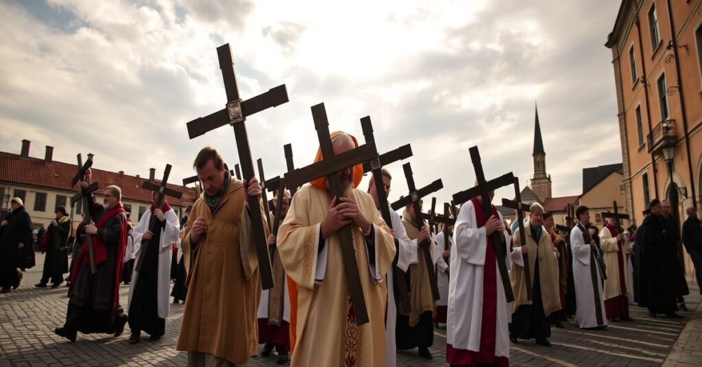 Grupa pielgrzymów prowadzących tradycyjną Drogi Krzyżową w Szczecinie pod przewodnictwem kapłana w tradycyjnych szatach liturgicznych.