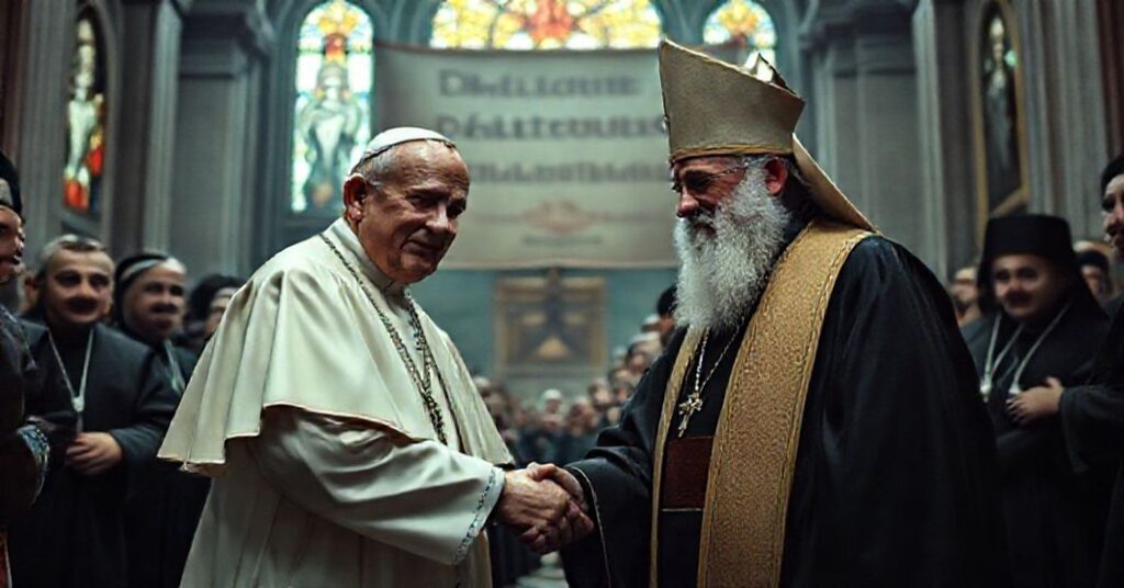 Obrzeżkowe zdjęcie fałszywego papieź Leona XIV i schizmatycznego patriarchy Bartłomieja I podczas ekumenicznej apostazji w Stambule