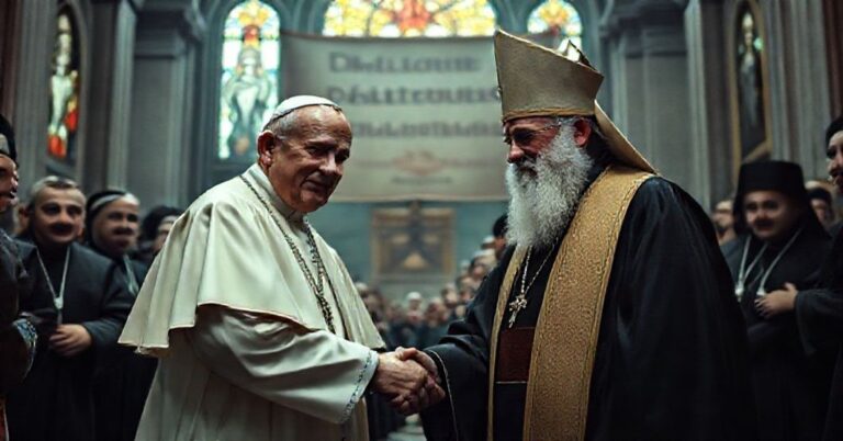 Obrzeżkowe zdjęcie fałszywego papieź Leona XIV i schizmatycznego patriarchy Bartłomieja I podczas ekumenicznej apostazji w Stambule