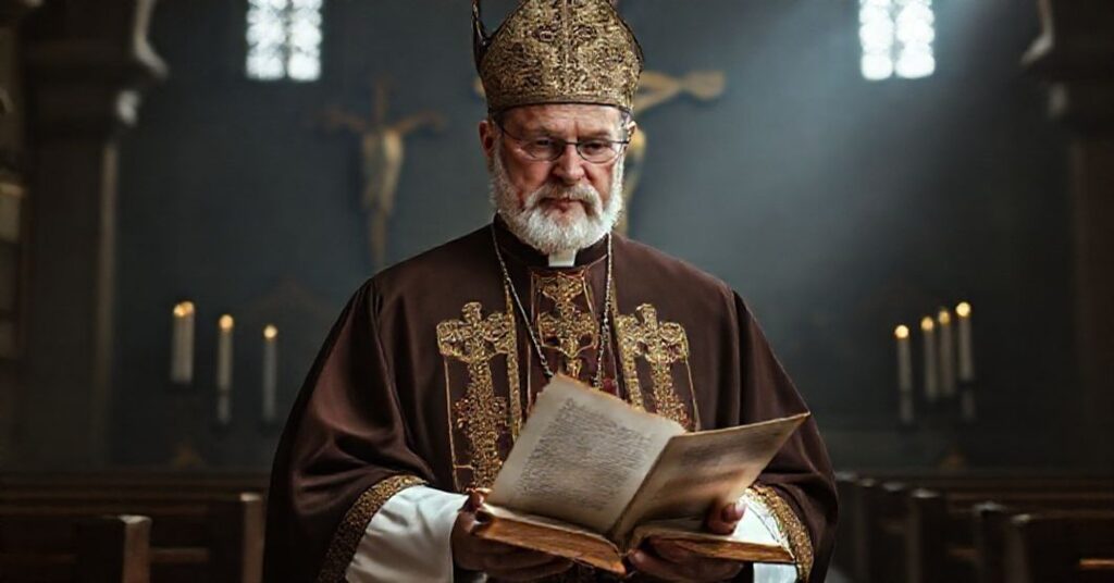 Portret "abpa" Marka Jędraszewskiego w tradycyjnym kościele katolickim podczas czytania listu pasterskiego. Tło przedstawia krzyż i świece.