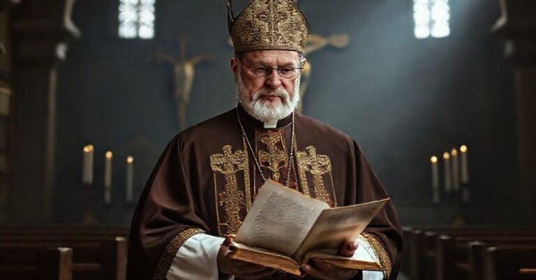 Portret "abpa" Marka Jędraszewskiego w tradycyjnym kościele katolickim podczas czytania listu pasterskiego. Tło przedstawia krzyż i świece.