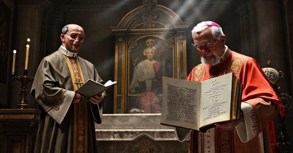 Katolicki ksiądz w tradycyjnych szatach liturgicznych trzyma dokument z Kodeksu Prawa Kanonicznego z 1917 roku, podczas gdy 'kardynał' Pietro Parolin niszczy książkę o schizmach i herezjach w Watykańskiej kaplicy