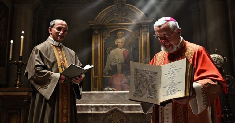 Katolicki ksiądz w tradycyjnych szatach liturgicznych trzyma dokument z Kodeksu Prawa Kanonicznego z 1917 roku, podczas gdy 'kardynał' Pietro Parolin niszczy książkę o schizmach i herezjach w Watykańskiej kaplicy