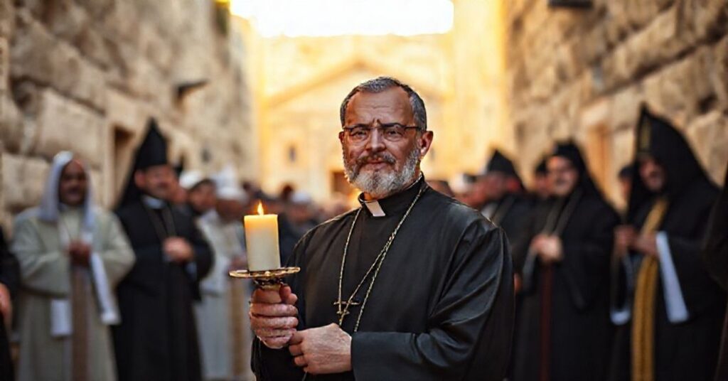 Ksiądz w tradycyjnym habitach stoi w Jerozolimie przed grupą heretyckich przywódców na tle Złotych Wrot i Świątyni Grobu Pańskiego