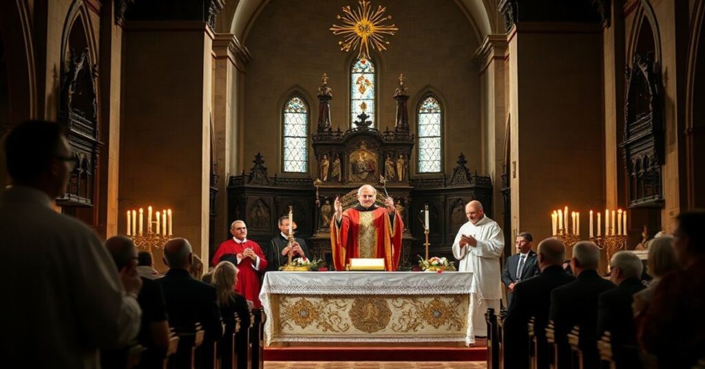 Wizualizacja fałszywego ekumenicznego nabożeństwa w poznańskiej farze z udziałem heretyckich przywódców.