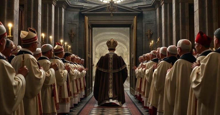 Obraz przedstawiający ekumeniczną farsę w Bazylice św. Pawła za Murami, gdzie heretycki monarcha jest uhonorowany przez posoborową sektę