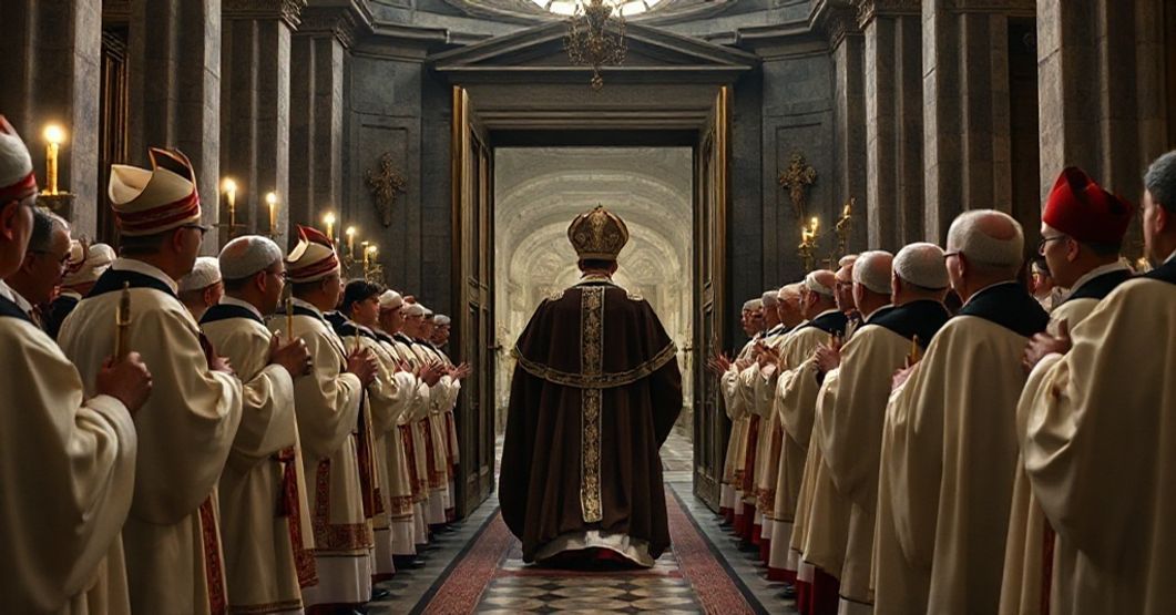 Obraz przedstawiający ekumeniczną farsę w Bazylice św. Pawła za Murami, gdzie heretycki monarcha jest uhonorowany przez posoborową sektę