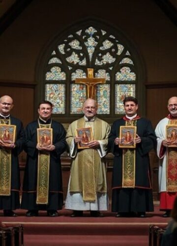 Ekumeniczna gala synkretyzmu - fałszywe miłosierdzie Ciemny wnętrze ewangelickiego kościoła z ekumenicznym zgromadzeniem duchownych trzymających fałszywe nagrody na scenie.