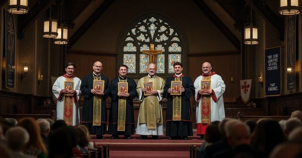 Ciemny wnętrze ewangelickiego kościoła z ekumenicznym zgromadzeniem duchownych trzymających fałszywe nagrody na scenie.