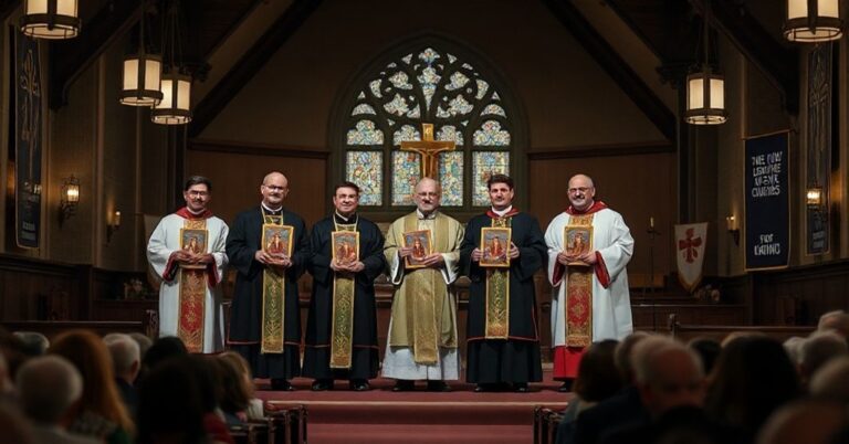 Ciemny wnętrze ewangelickiego kościoła z ekumenicznym zgromadzeniem duchownych trzymających fałszywe nagrody na scenie.