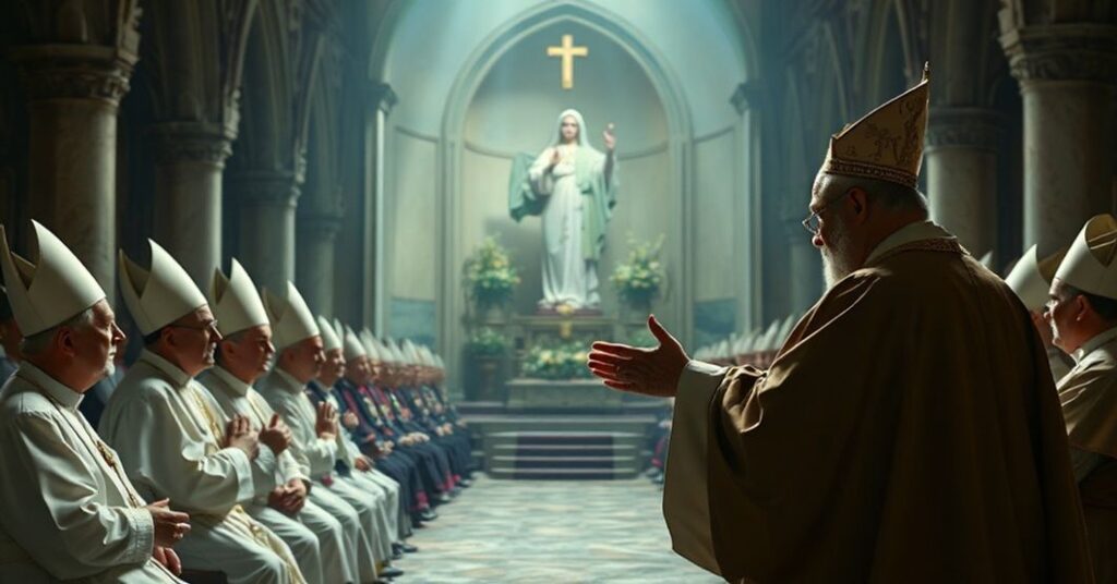 Biskupi słuchają kontrowersyjnej mowy patriarchy Barłomieja I w Lourdes. Scena przedstawia kontrast pomiędzy świętym miejscem a współczesnymi poglądami ekumenizmu. Tło - sanktuarium Matki Bożej z Lourdes.