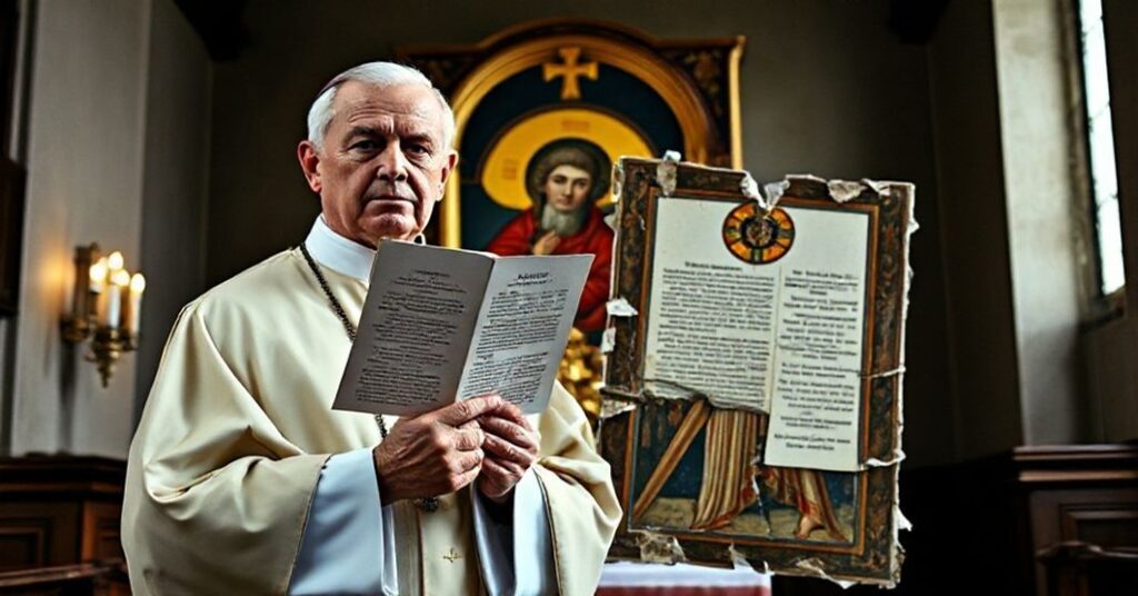 Ksiądz katolicki w tradycyjnym ornaty stoi przed uszkodzoną ikoną prawosławną, symbolizującą ekumeniczną decepję. W tle widoczny jest wnętrze kościoła z tabernakulum.