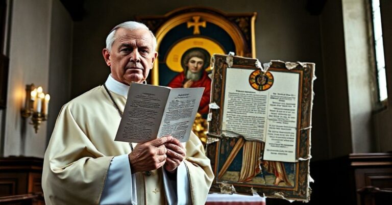 Ksiądz katolicki w tradycyjnym ornaty stoi przed uszkodzoną ikoną prawosławną, symbolizującą ekumeniczną decepję. W tle widoczny jest wnętrze kościoła z tabernakulum.