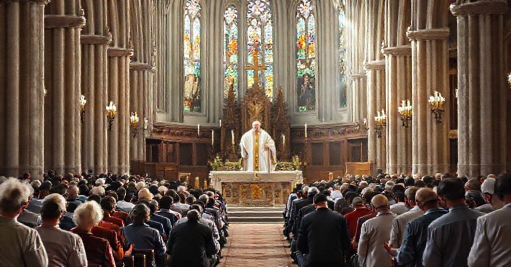 Solemne nabożeństwo w katedrze z biskupem i kapłanami w tradycyjnych szatach liturgicznych. Wierni z różnych wspólnot ekumenicznych modlą się w melancholijnej atmosferze.