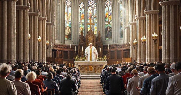 Solemne nabożeństwo w katedrze z biskupem i kapłanami w tradycyjnych szatach liturgicznych. Wierni z różnych wspólnot ekumenicznych modlą się w melancholijnej atmosferze.