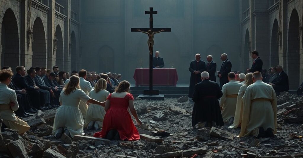 Zniszczony kościół katolicki na Ukrainie z modlącymi się wiernymi i skandalicznym ekumenicznym gestem w tle.