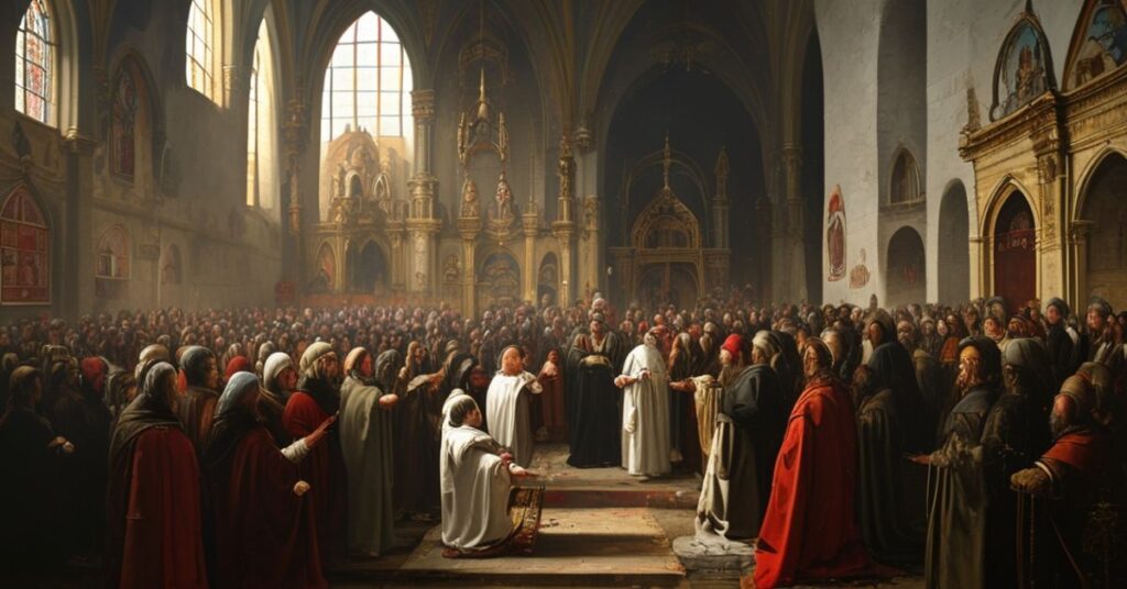 Uroczysta scena katolicka przedstawiająca ekumeniczną mistyfikację wokół rzekomej misji "Św. Oskara" w Danii, z fałszywym kardynałem Pietro Paroliną kierującym ekumenicznymi nieszporami w luteranckiej katedrze w Kopenhadze.