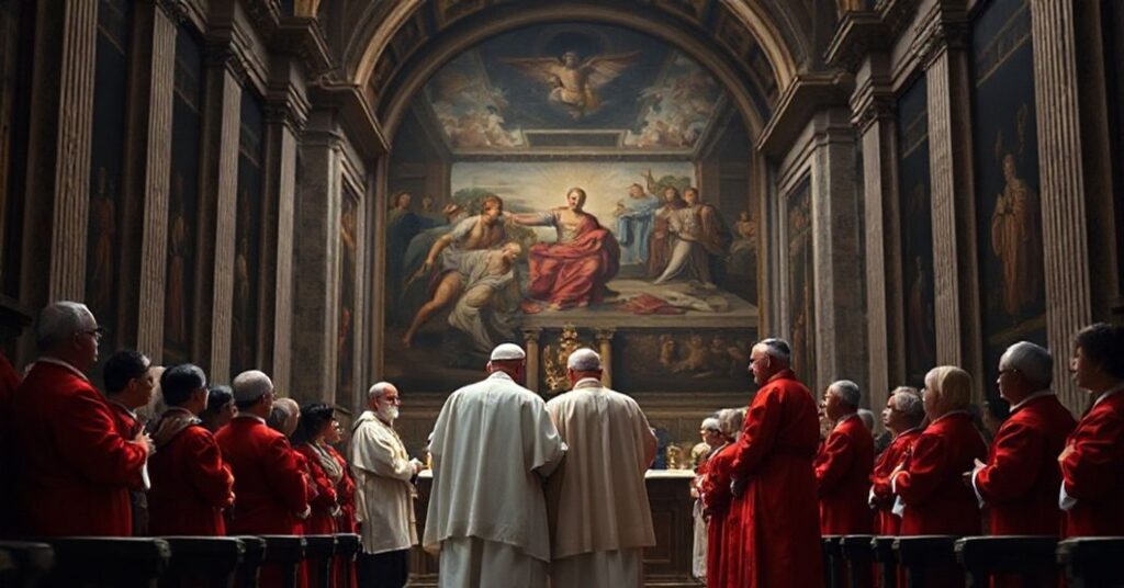 Wizerunek kaplicy Sykstyńskiej z ekumenicznym spotkaniem 'papieża' i anglikańskiego 'arcybiskupa' podczas modlitwy za środowisko naturalne