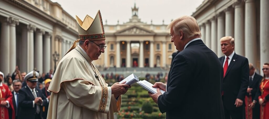 Scena ekumenicznej modlitwy z udziałem fałszywego papieża Leona XIV i burmistrza Chicago Brandona Johnsona w Ogrodach Watykańskich.