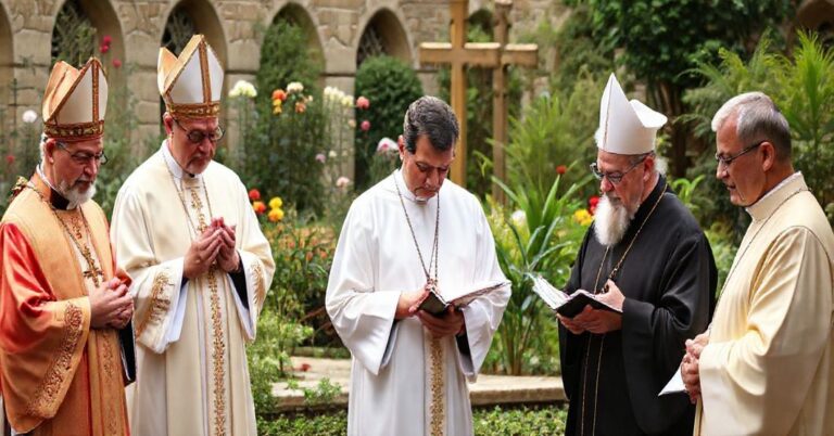 Grupa duchownych różnych wyznań modli się razem w ogrodzie katedry. Scena podkreśla powagę i tradycyjny katolicyzm.