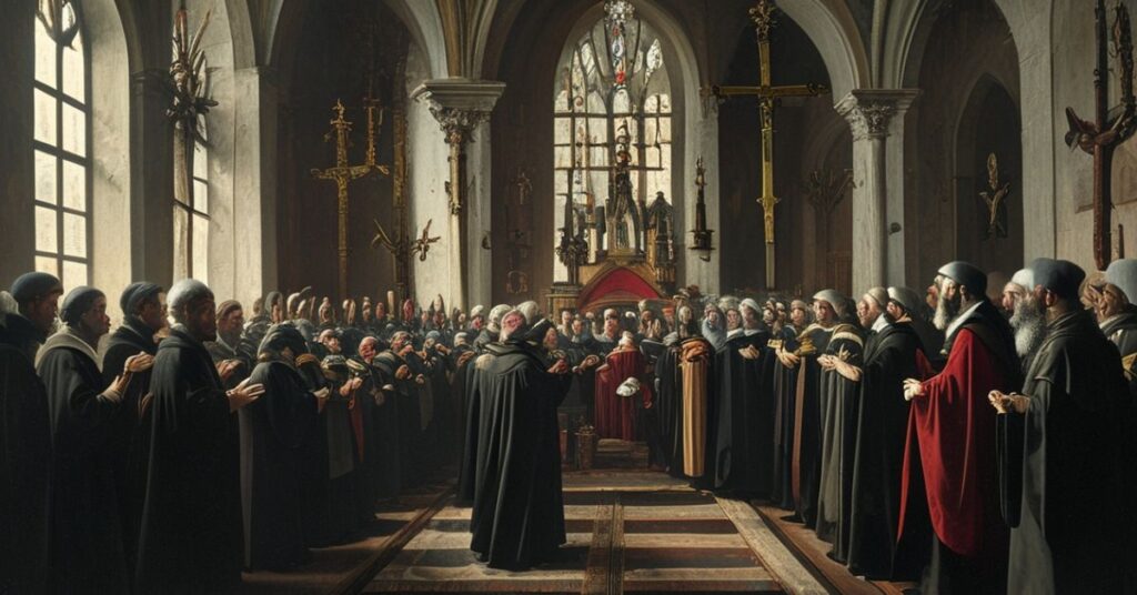 Obraz przedstawiający ekumeniczną modlitwę w Kaplicy Sejmowej z udziałem heretyckich "biskupów" i fałszywych duchownych.