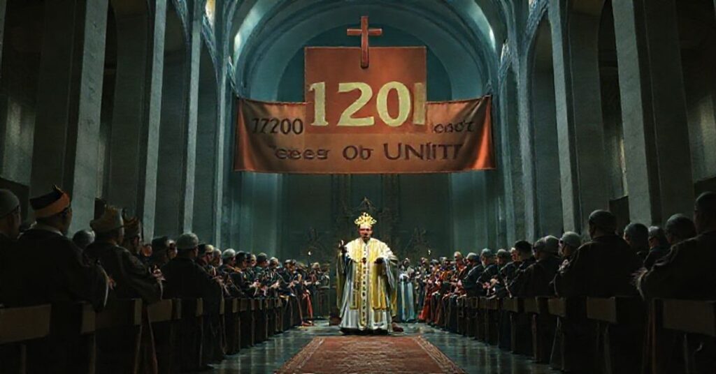 Scena przedstawiająca ekumeniczną parodię Soboru Nicejskiego z udziałem fałszywego "Papieża" Leona XIV i innych przywódców herezji. Zdjęcie pokazuje wewnątrz nowoczesnego kościoła z modernistyczną architekturą.