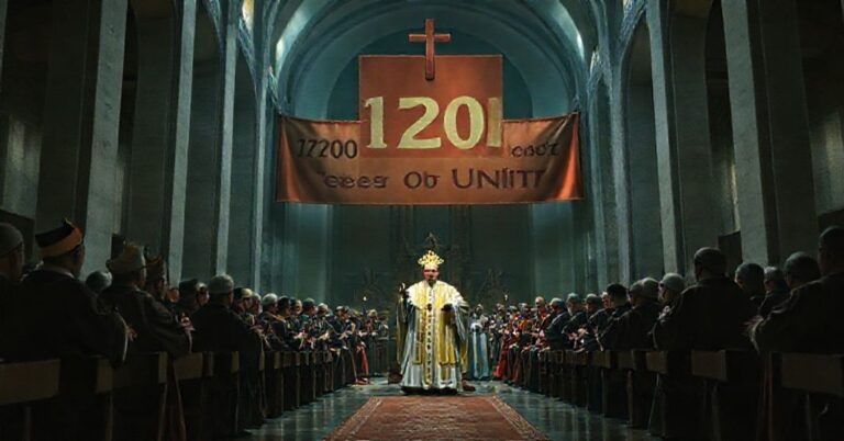 Scena przedstawiająca ekumeniczną parodię Soboru Nicejskiego z udziałem fałszywego "Papieża" Leona XIV i innych przywódców herezji. Zdjęcie pokazuje wewnątrz nowoczesnego kościoła z modernistyczną architekturą.