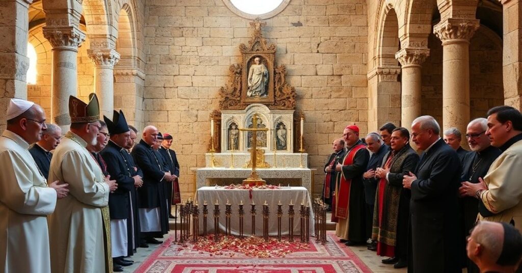 Grupa biskupów w Jerozolimie przy Grobie Świętym podczas ekumenicznej pielgrzymki.