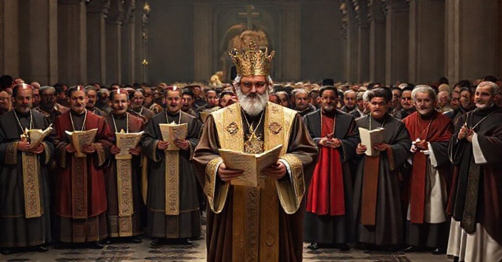 Procesja katolicka z Ojcami Soboru Nicejskiego na tle współczesnego uzurpatora w towarzystwie liderów ekumenicznych.