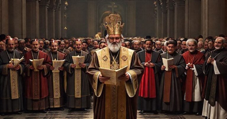 Procesja katolicka z Ojcami Soboru Nicejskiego na tle współczesnego uzurpatora w towarzystwie liderów ekumenicznych.