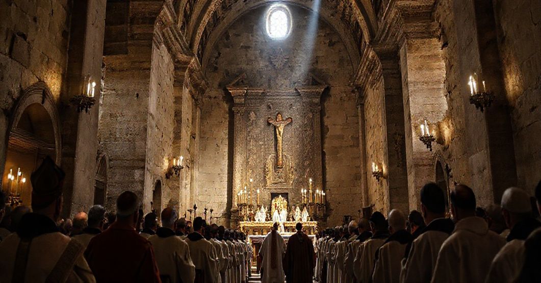 Wnętrze Bazyliki Grobu Pańskiego w Jerozolimie podczas ekumenicznych obrzędów, ukazujące zagrożenie duchowe wynikające z udziału schizmatyków i heretyków