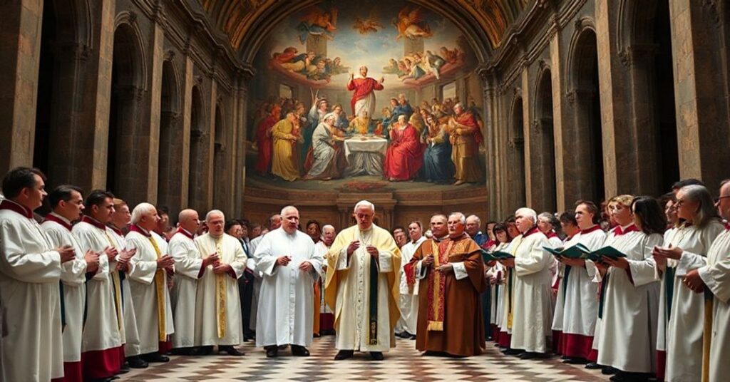 Scena w Kaplicy Sykstyńskiej przedstawiająca fałszywego papieża w białych szatach z anglikańskim przywódcą i brytyjskim monarchą podczas ekumenicznej modlitwy.