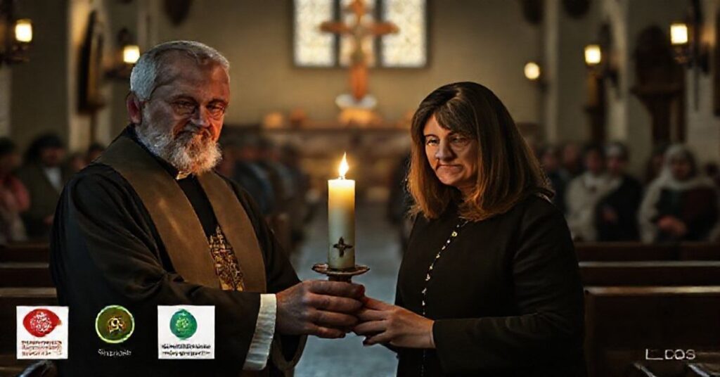 Scena w tradycyjnym katolickim kościele przedstawiająca "ks. Janusza Majdę" i "naczelniczkę ZHP Martynę Kowacką" z Betlejemskim Światełkiem Pokoju. W tle symbole ekumenizmu i materialistyczny charakter akcji Wigilijnego Dzieła Pomocy Dzieciom.
