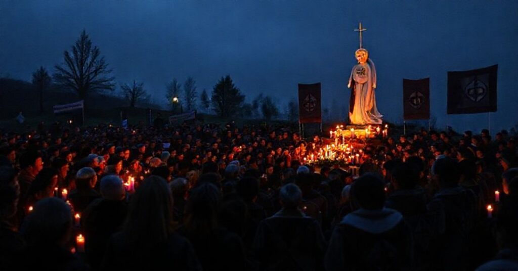 Scena ekumenicznej ceremonii przekazania Betlejemskiego Światełka Pokoju w pseudo-sanktuarium Matki Bożej Fatimskiej na Krzeptówkach w Zakopanem