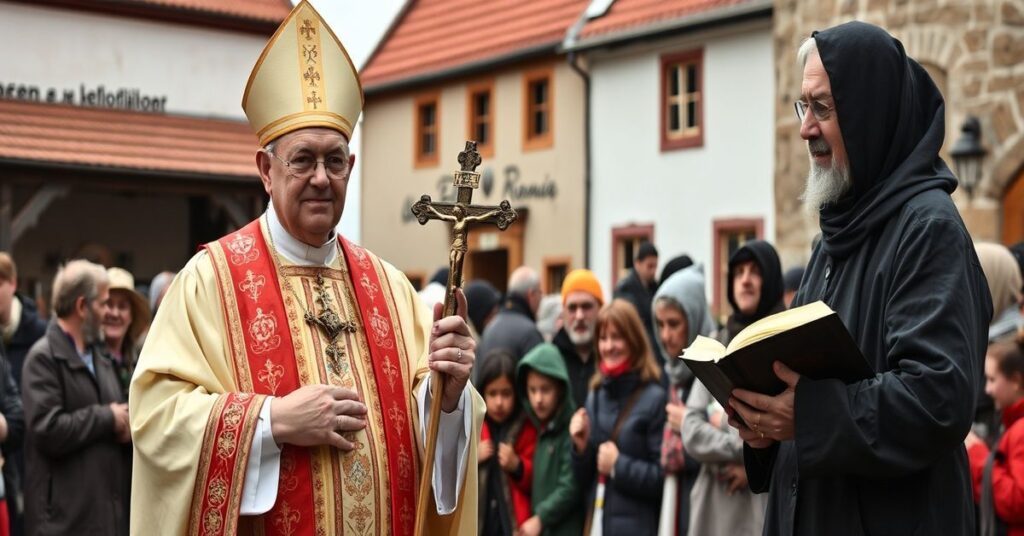 Katolicki biskup w tradycyjnych szatach liturgicznych stoi przed grupą ukraińskich uchodźców, trzymając krzyż. Obok niego stoi protestancki przywódca z Biblią. Scena rozgrywa się na tle czeskiego rynku z tradycyjną architekturą.