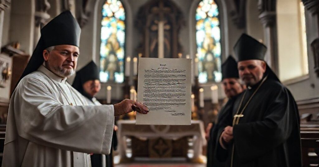 Tradycyjni kapłani katolickie w liturgicznych szatach stają przed ołtarzem w historycznej polskiej kościele z dokumentem symbolizującym kontrowersyjne ekumeniczne "pojednanie" między biskupami polskimi i niemieckimi.
