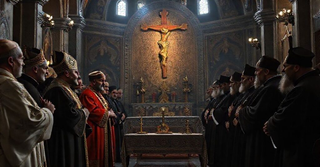 Ekumeniczna zdrada w Stambule: "papież" Leon XIV spotyka się z przywódcami prawosławnego schizmatyku w kościele św. Eufemii.