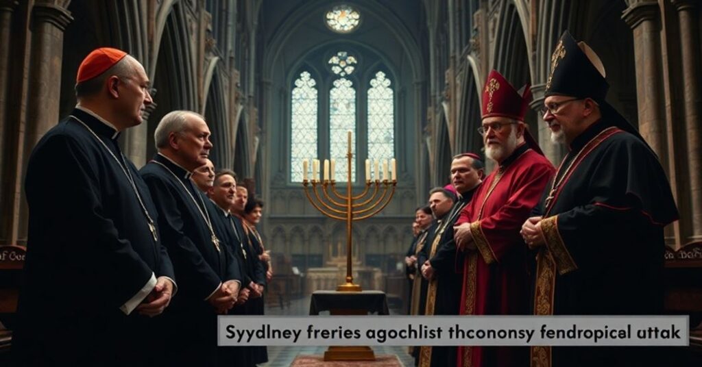 Tradycyjni katoliccy duchowni w gotyckim kościele wyrażający głęboką troskę wobec ekumenicznych błędów wspierających judaizm