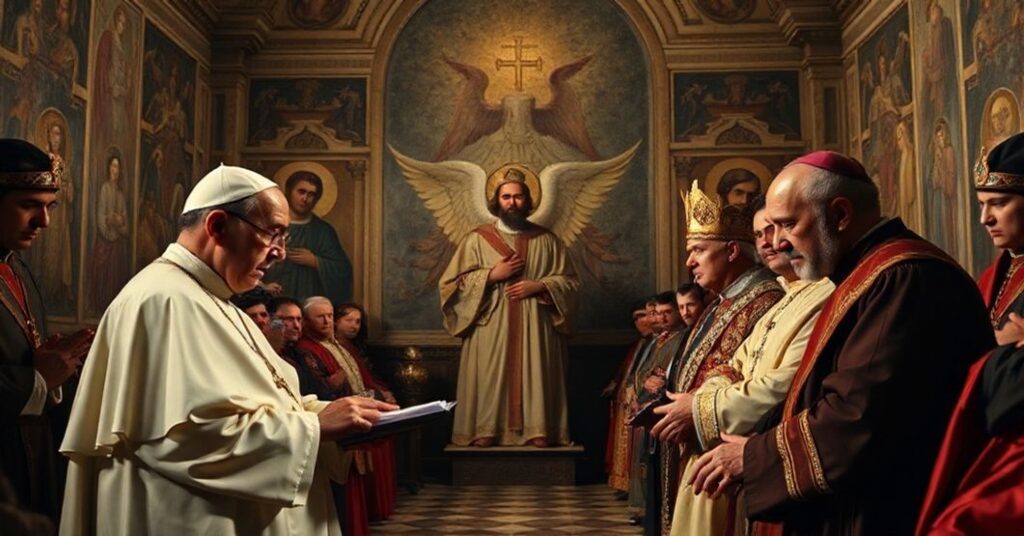 Zdjęcie przedstawiający rzekomego papieża i anglikańskiego monarchy modlącego się w Kaplicy Sykstyńskiej - akt ekumenicznej zdrady.