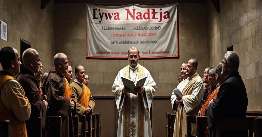 Smutna scena w więziennym kaplicy przedstawiająca kapłana katolickiego w towarzystwie buddystów i ewangelickich ministrów podczas ekumenicznej konferencji w Bangkoku.