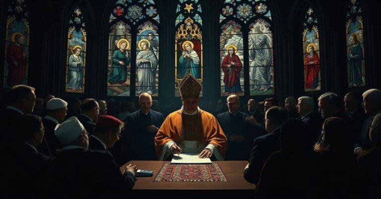 Scena w gotyckiej katedrze przedstawiająca zdrady ekumeniczne podpisywanie dokumentu przez fałszywego papieża z heretyckimi przywódcami.