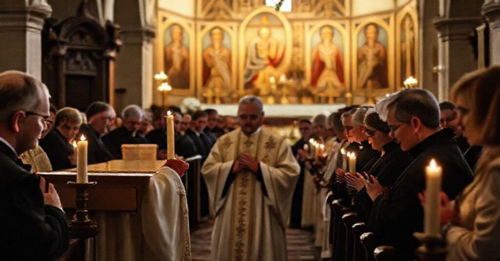 Sobór katolicki z tradycyjną ikonografią w Prałkowcach podczas ekumenicznego nabożeństwa. W tle widoczni są klerycy mitrat Bogdan Stepan i protojerej Jan Tarapacki. Scena jest poważna i poważna.