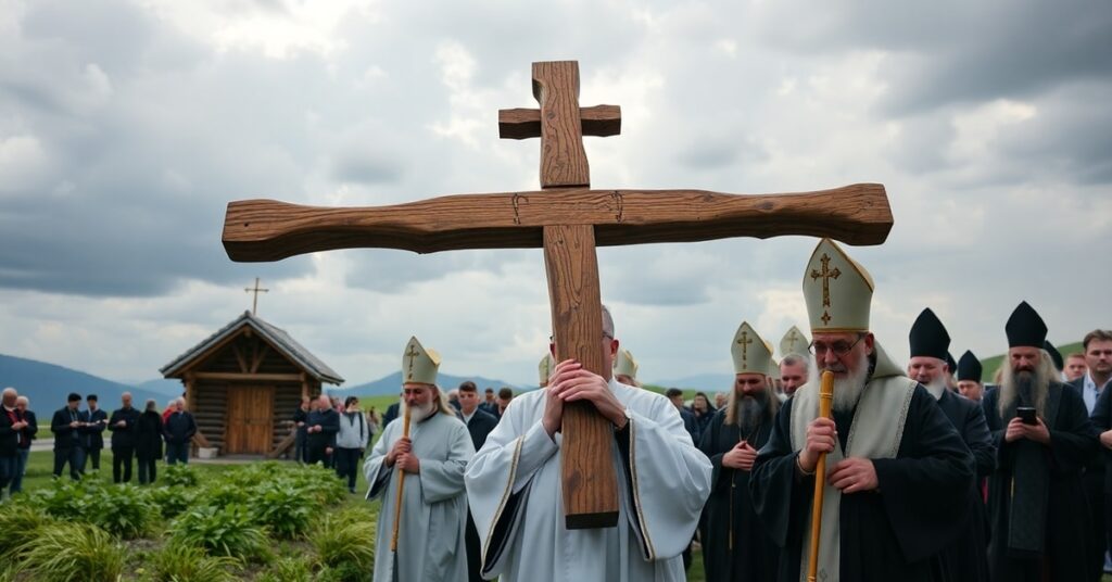 Procesja katolicka w Kalwarii Pacławskiej z udziałem ks. Jana Tarapackiego i ks. Łukasza Ostruszki podczas nabożeństwa ekumenicznego