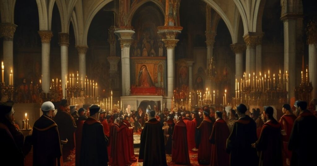 Solemne wnętrze bazyliki św. Pawła podczas ekumenicznych nieszporów z antypapieżem Leonem XIV i przedstawicielami herezji.