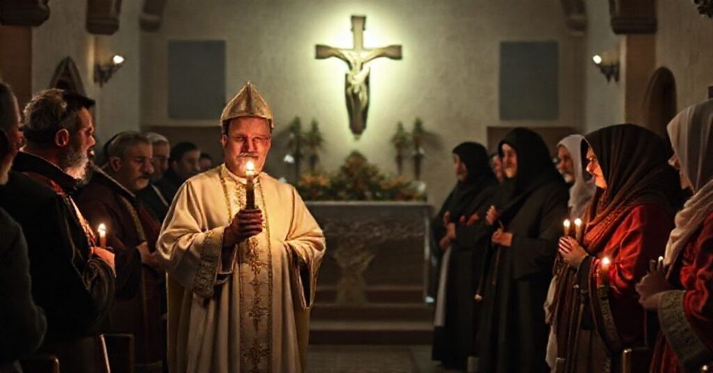 Prawdziwy katolicki ksiądz w tradycyjnych ornatach stoi w ciemnej kościele, trzymając świecę, podczas synkretycznej "Nocy Bożego Narodzenia" w Taybeh