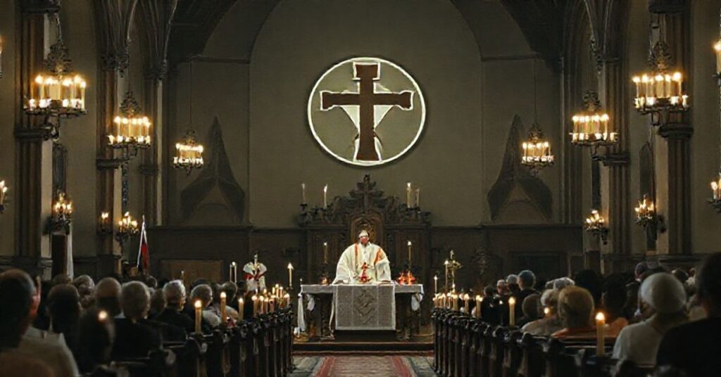 Wnętrze kościoła św. Barbary w Warszawie podczas ekumenicznego rytu z udziałem pseudokardynała Kazimierza Nycza i przedstawicieli sekt heretyckich.