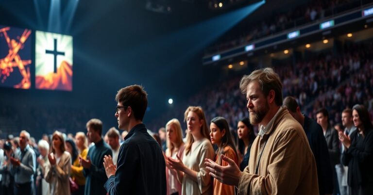 Grupa młodych ludzi modląca się w ekumenicznym spotkaniu w Paryżu z udziałem prawosławnego patriarchy Bartłomieja I i Aloisa z Taize.