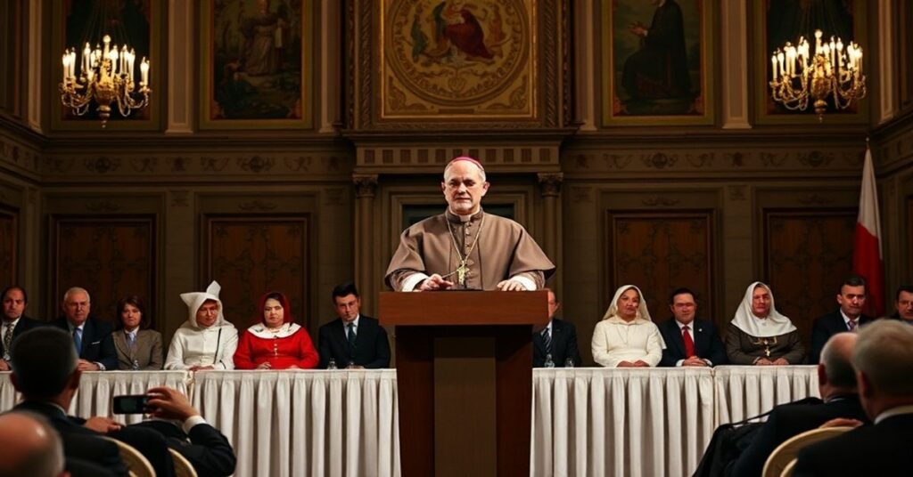 Wizerunek arcybiskupa Tadeusza Wojdy podczas ekumenicznego spotkania w Pałacu Prezydenckim w Warszawie.