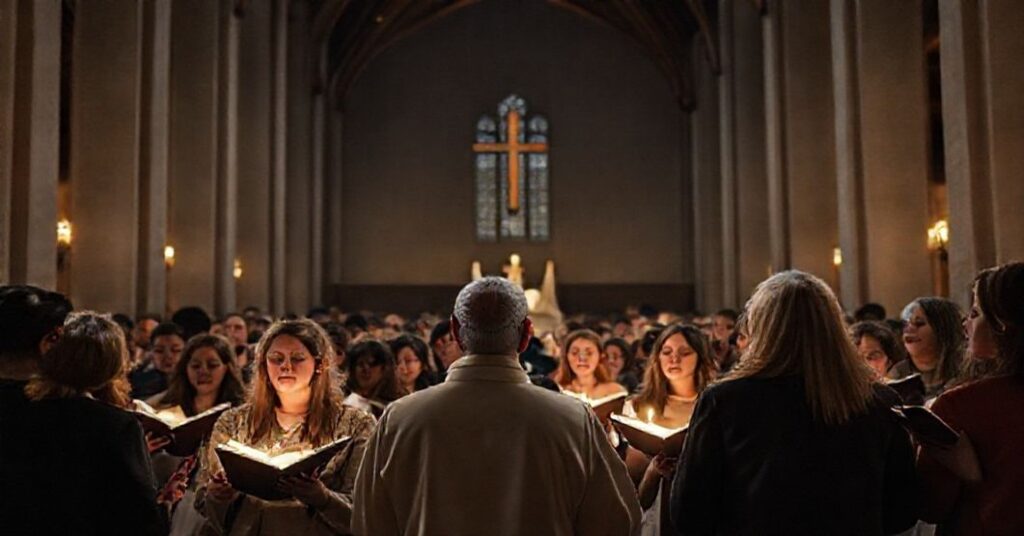 Młodzi uczestnicy ekumenicznego spotkania Taizé w Paryżu, modlący się wspólnie z przedstawicielami różnych wyznania